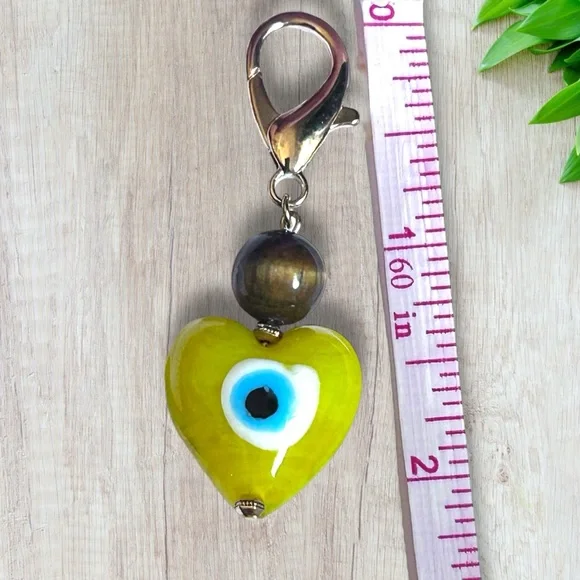 Hand Crafted Purse Pet Charm Tiger’s Eye Yellow Heart Evil Eye Brown Spiritual - Picture 6 of 6